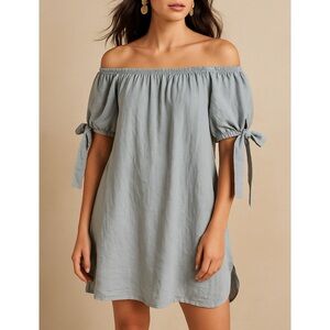 Knotty St Michaels Italian Linen Puff Sleeve Tie Bow Peasant Dress Gray Blue